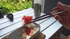 キャンプで白飯とスジコ